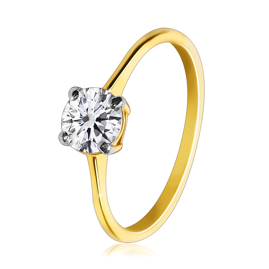 Levně Zlatý prsten v kombinovaném 14K zlatě - tenká ramena, broušený výrazný zirkon ve vyvýšeném kotlíku - Velikost: 58