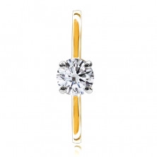 Zlatý prsten v kombinovaném 14K zlatě - tenká ramena, broušený výrazný zirkon ve vyvýšeném kotlíku