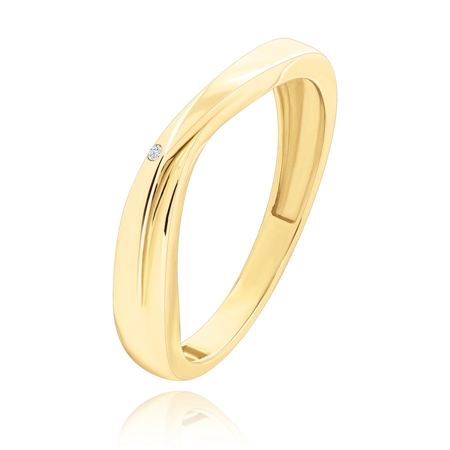 Prsten ze žlutého 9K zlata - zvlněná linie zdobená drobnými zirkony, dělená ramena - Velikost: 51