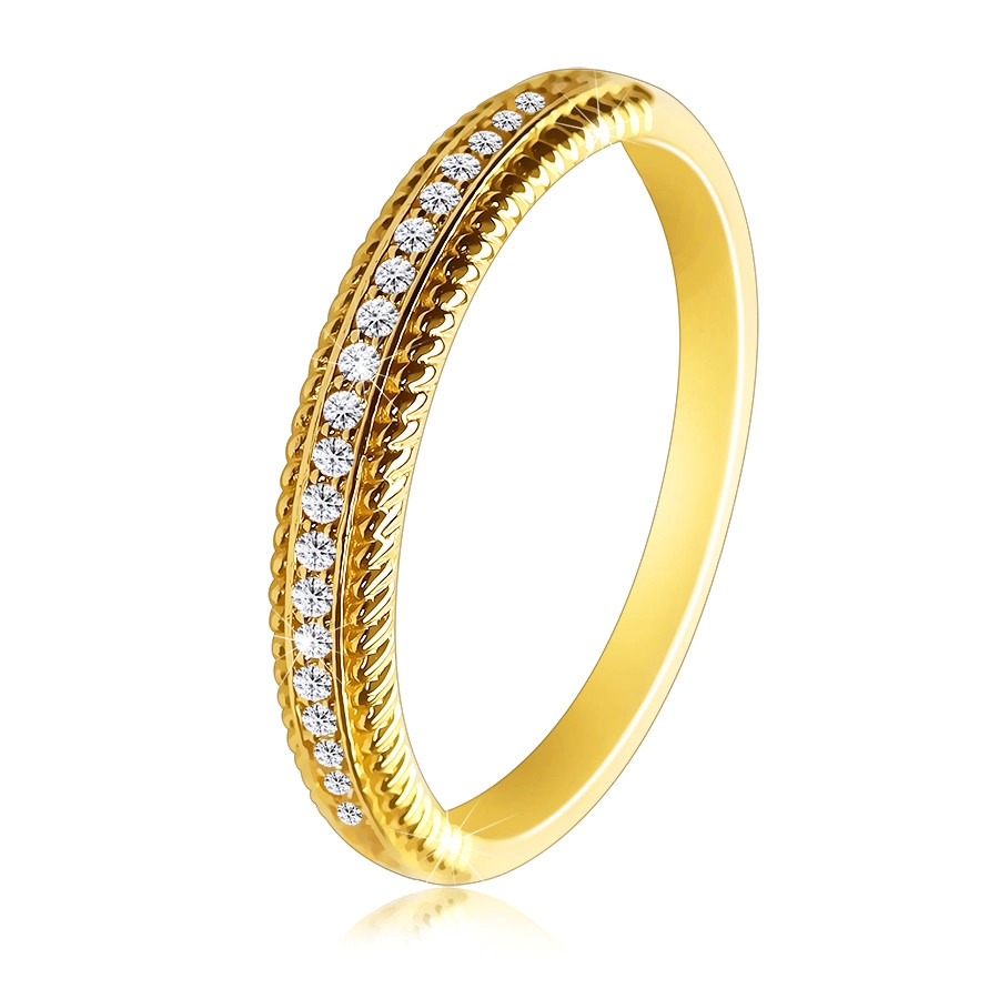 Zlatý 14K prsten - ozdobné vroubkované lemování ramen, čiré zirkony - Velikost: 51
