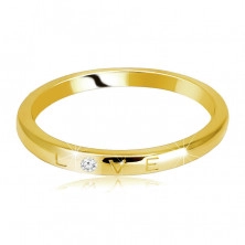 Obroučka ve žlutém 585 zlatě - prsten s vygravírovaným nápisem "LOVE", kulatý zirkon