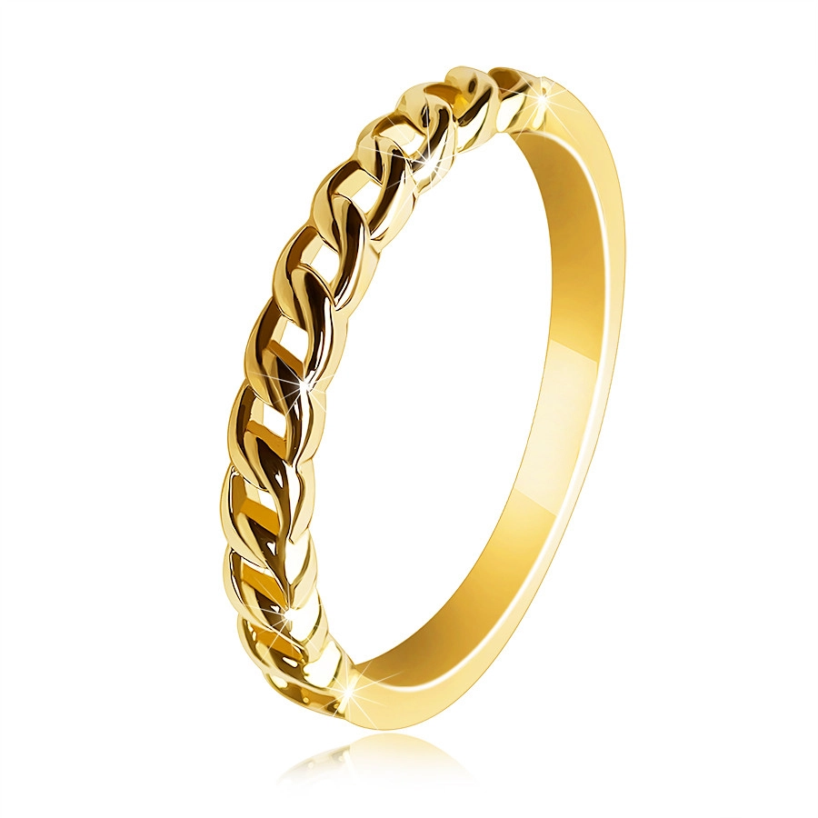 Prsten ze žlutého 585 zlata - dvě vzájemně propletené linie ramen s výřezy uprostřed tvořící řetěz - Velikost: 56