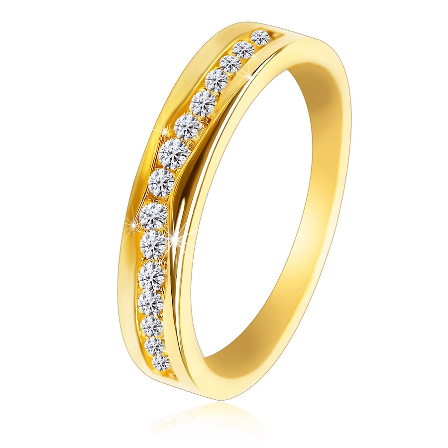 Prsten ze 14K zlata - linie zirkonů mezi jemně zvlněnými, lesklými rameny - Velikost: 56
