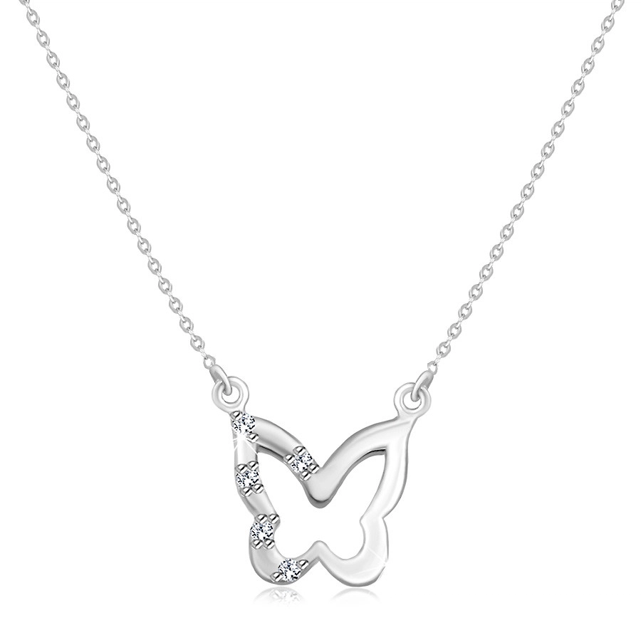 Levně Diamantový náhrdelník v bílém 14K zlatě - přívěsek ve tvaru motýla s pěti brilianty na křídle