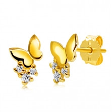 Briliantové náušnice ve žlutém zlatě 585 - plně zrcadlově leštěný motýlek, kulaté čiré diamanty, puzetky