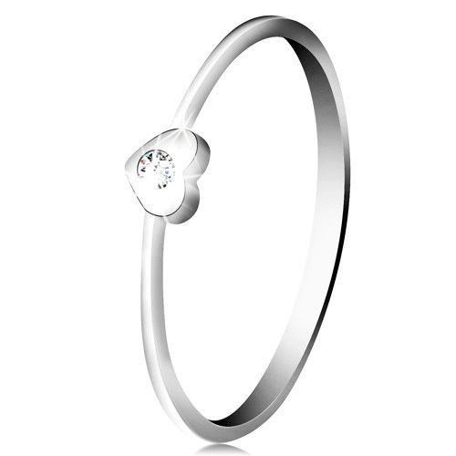 Diamantový prsten z bílého 9K zlata - srdce s čirým briliantem - Velikost: 60