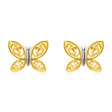 Náušnice ze 14K kombinovaného zlata - dvoubarevný motýl s vyřezávanými křídly, puzetky