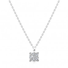 Briliantový náhrdelník z bílého 9K zlata - čtvercový kotlík, kulaté čiré diamanty, tenký řetízek