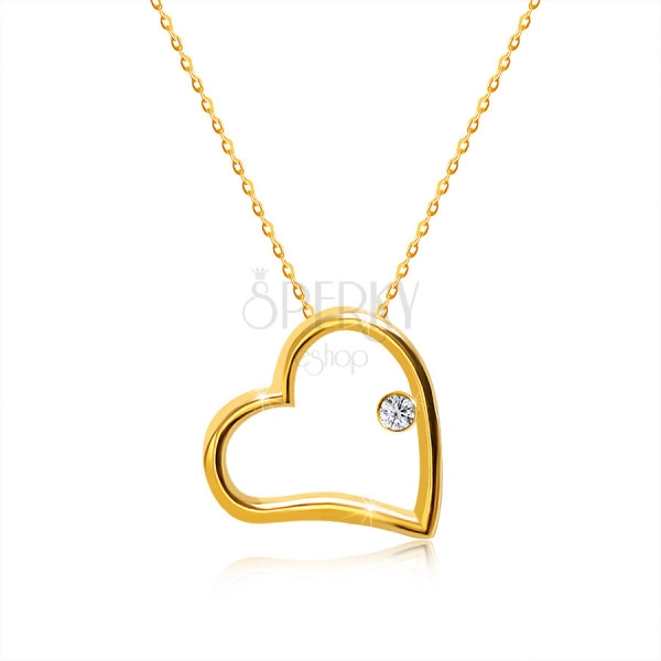 Diamantový náhrdelník ve žlutém 375 zlatě - lesklý obrys srdce s briliantem