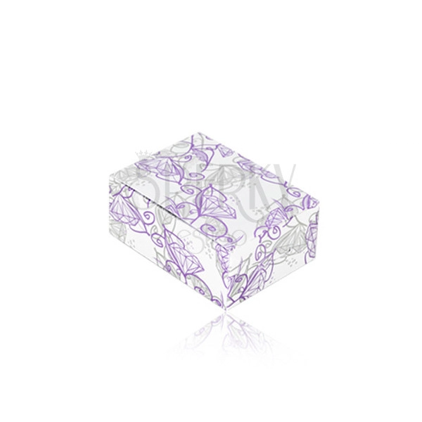 Dárková krabička na šperky - slonovinově bílý podklad s fialovým motivem diamantových květů
