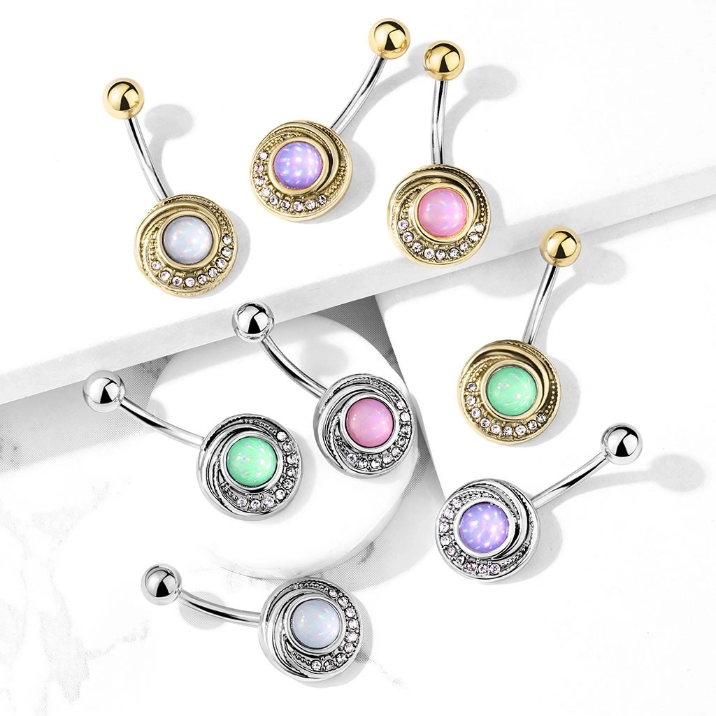 Piercing do pupíku z oceli - vypouklý kruh s čirými krystaly a barevným epoxidovým kamenem - Barva piercing: Zlatá - fialová