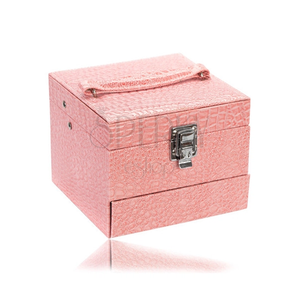 Kufříková šperkovnice růžové barvy, kovové detaily ve stříbrném odstínu, dvě samostatně použitelné části