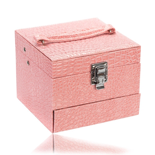 Levně Kufříková šperkovnice růžové barvy, kovové detaily ve stříbrném odstínu, dvě samostatně použitelné části