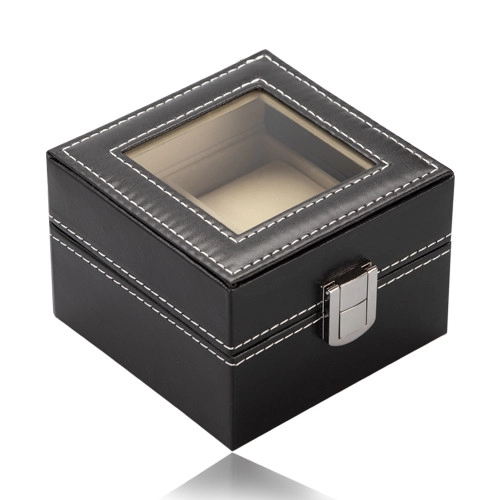 Levně Čtvercová šperkovnice na hodinky - koženka černé barvy, lesklá kovová přezka