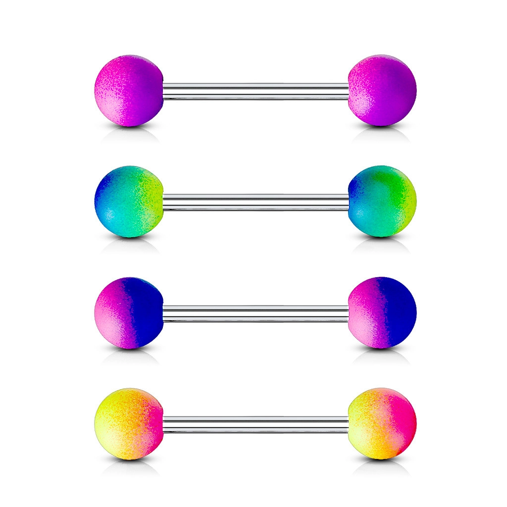 Piercing z oceli 316L do jazyka - činka s dvoubarevnými pogumovanými kuličkami - Barva piercing: Fialová - Růžová