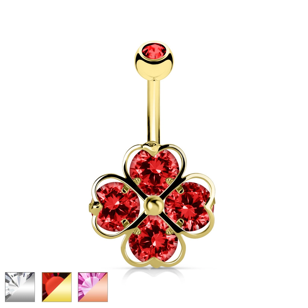 Ocelový piercing do pupíku - čtyřlístek pro štěstí s kulatými zirkony, různé barvy - Barva piercing: Zlatá - červená