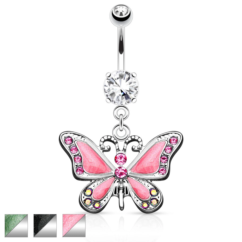 Piercing do pupíku z chirurgické oceli - visící motýl s perleťovou glazurou, zářivé zirkony, různé barvy - Barva: Růžová