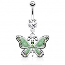 Piercing do pupíku z chirurgické oceli - visící motýl s perleťovou glazurou, zářivé zirkony, různé barvy