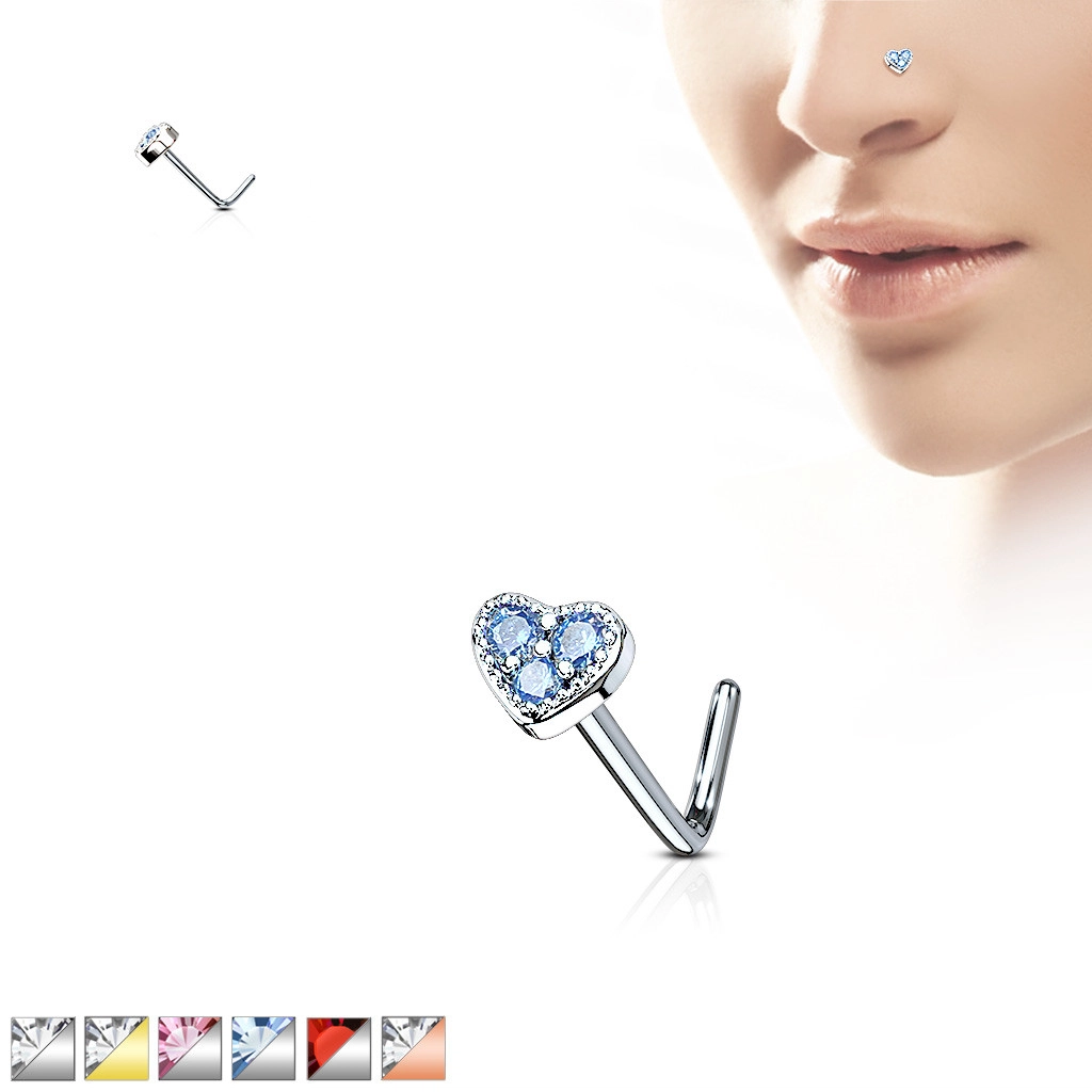 Zahnutý piercing do nosu z oceli – srdce zdobené zirkony, různé barvy - Barva zirkonu: Stříbrná - modrá