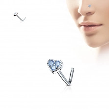 Zahnutý piercing do nosu z oceli – srdce zdobené zirkony, různé barvy