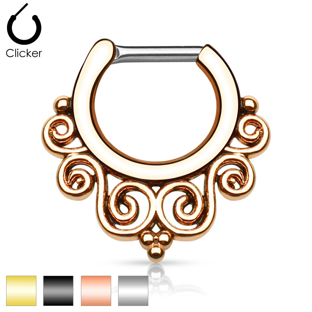 Ocelový piercing do nosní přepážky - kulatý segment s kmenovou spirálou, zapínání na patentku, různé barvy - Barva: Zlatá