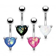 Ocelový piercing do břicha stříbrné barvy - barevné srdce s imitací opálu