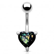Ocelový piercing do břicha stříbrné barvy - barevné srdce s imitací opálu