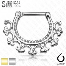 Piercing do nosní přepážky z chirurgické oceli - kulatý segment s ornamenty, zapínání na patentku