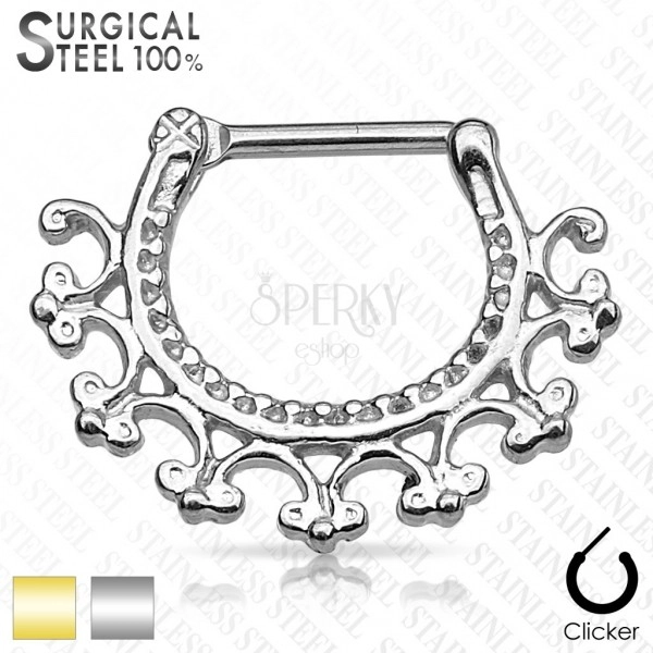 Piercing do nosní přepážky z chirurgické oceli - kulatý segment s ornamenty, zapínání na patentku