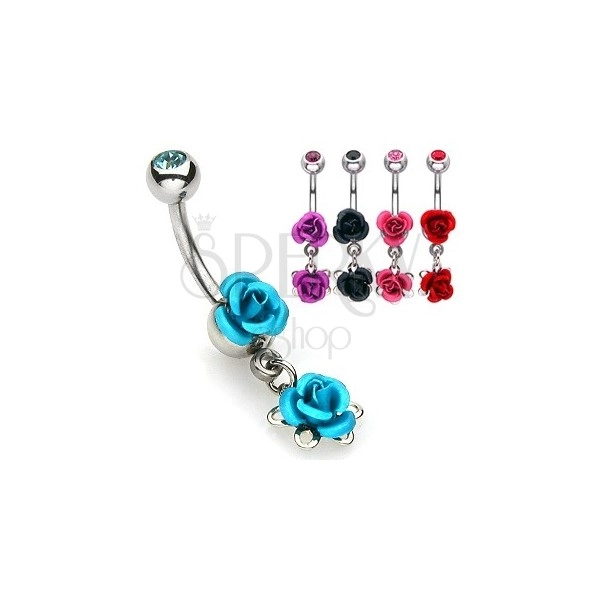 Ocelový piercing do pupíku - rozkvetlé kovové růže, pokovené rhodiem