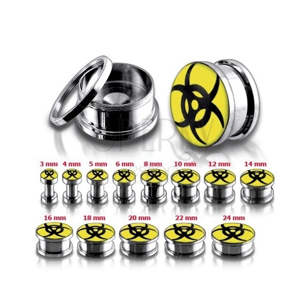 Ocelový tunel plug do uší - žlutý a černý symbol biohazardu, různé velikosti
