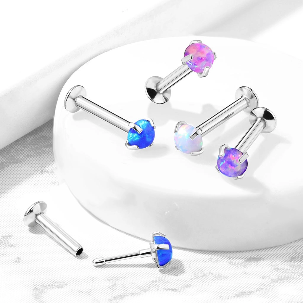 Zatahovací piercing do rtu, brady a ucha z oceli 316L - syntetický opál v květináči, 8 mm - Barva: Modrá