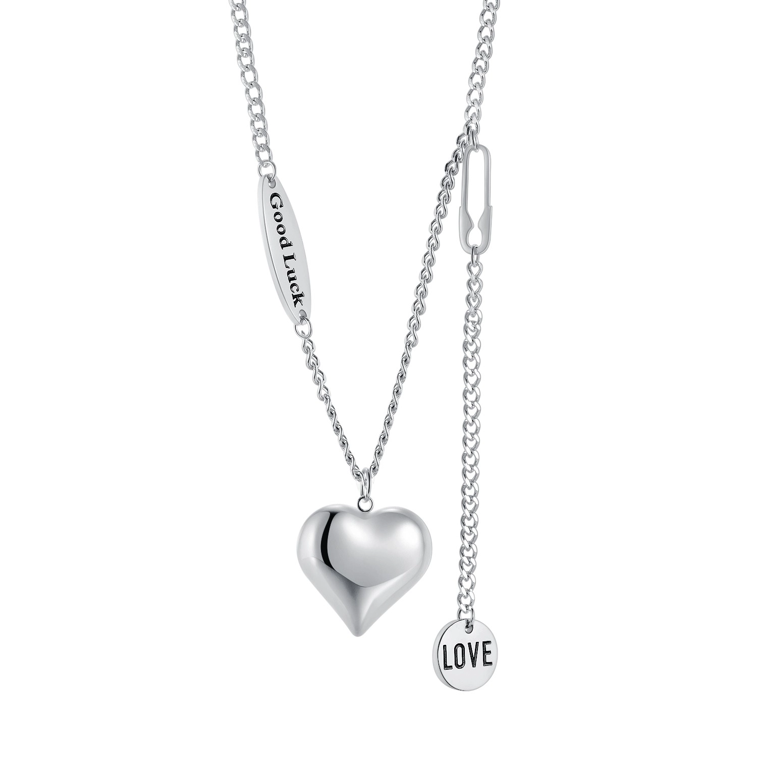 Ocelový náhrdelník - velké srdce, razítka s nápisy 