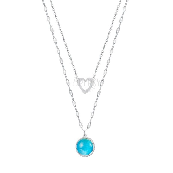 Náhrdelník z oceli ve stříbrné barvě - kontura srdce, skleněný kámen v modrých odstínech, dvojitý řetízek