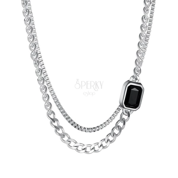 Ocelový náhrdelník stříbrný - černý skleněný kámen, dvojitý řetízek