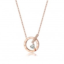 Ocelový náhrdelník měděný - kruh s římskými číslicemi, zirkonové srdce