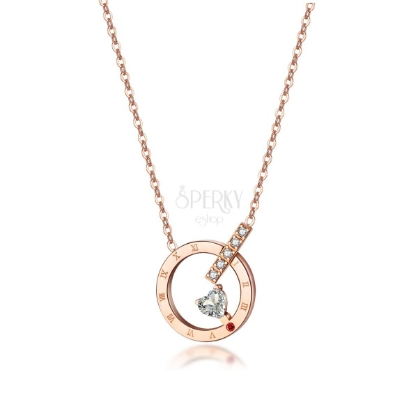 Ocelový náhrdelník měděný - kruh s římskými číslicemi, zirkonové srdce