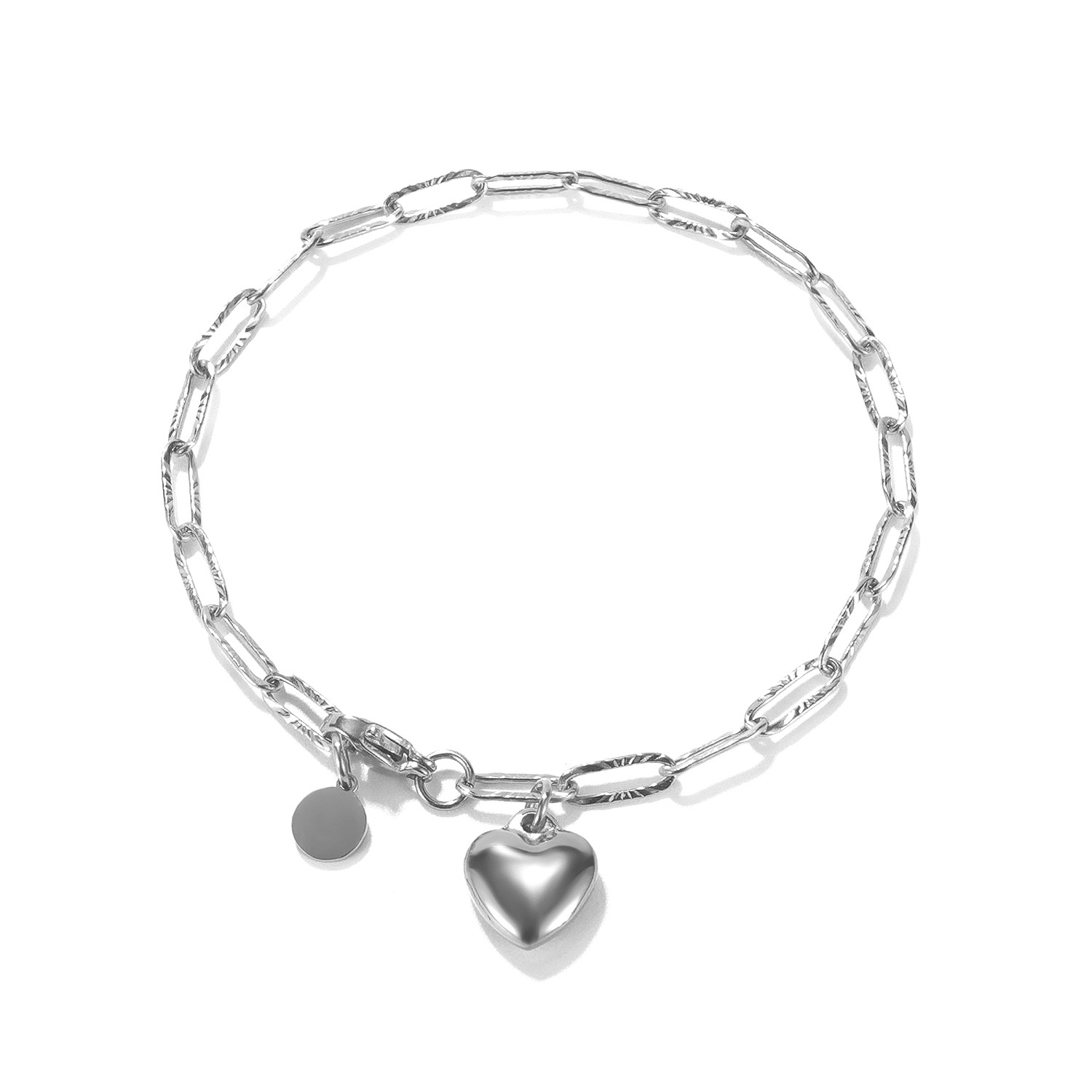 Ocelový náramek ve stříbrné barvě - plné srdce, kroužek, oválné články s paprskovitými zářezy