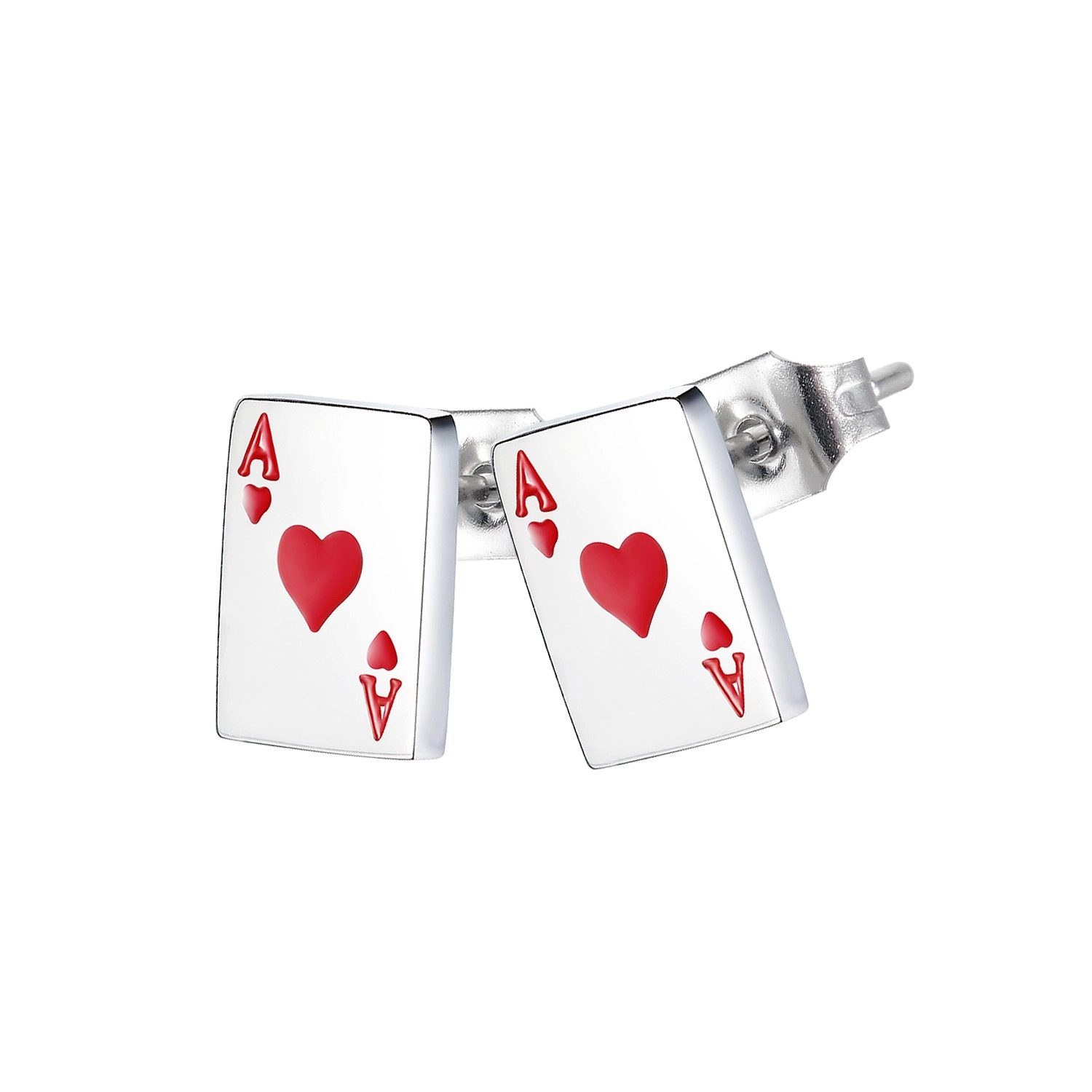 Levně Puzetové náušnice z oceli 316L - motiv hracích karet, srdcové eso s červenou glazurou