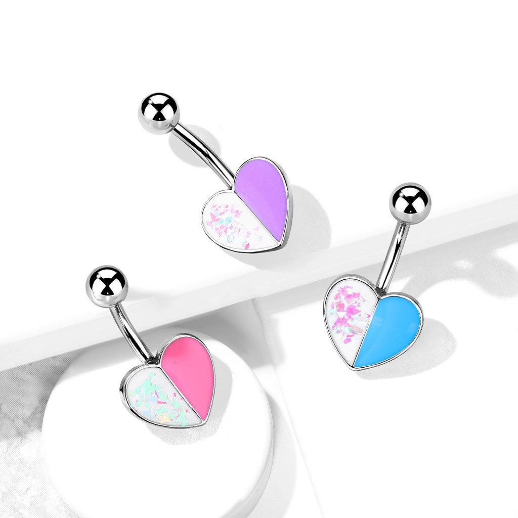 Ocelový piercing do pupíku ve stříbrné barvě - barevné srdce s odlesky - Barva: Růžová