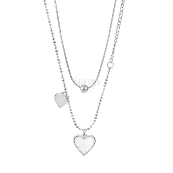 Dvojitý náhrdelník z oceli 316L - hladké a perleťové srdce, lesklá kulička