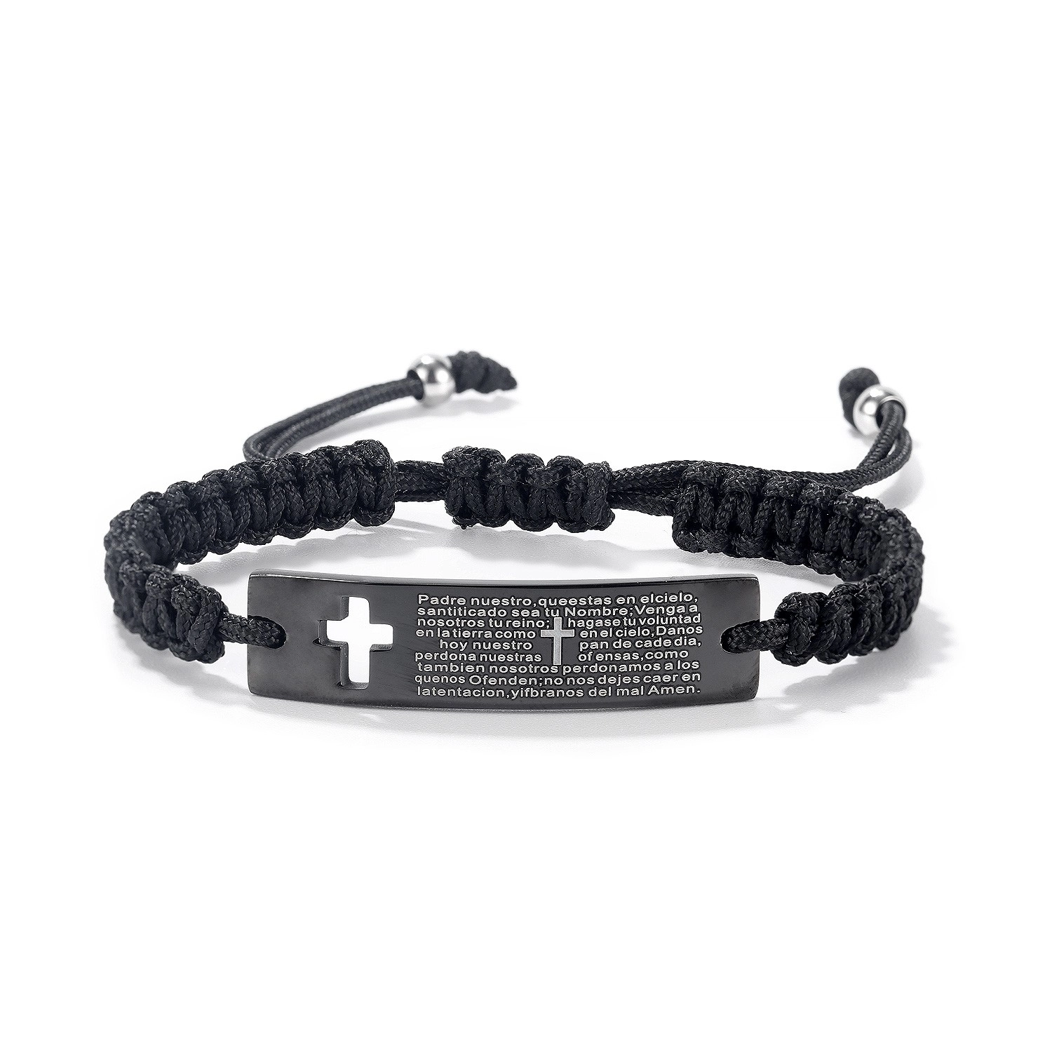 Levně Černý pletený náramek - ocelová destička černé barvy s křížem a modlitbou