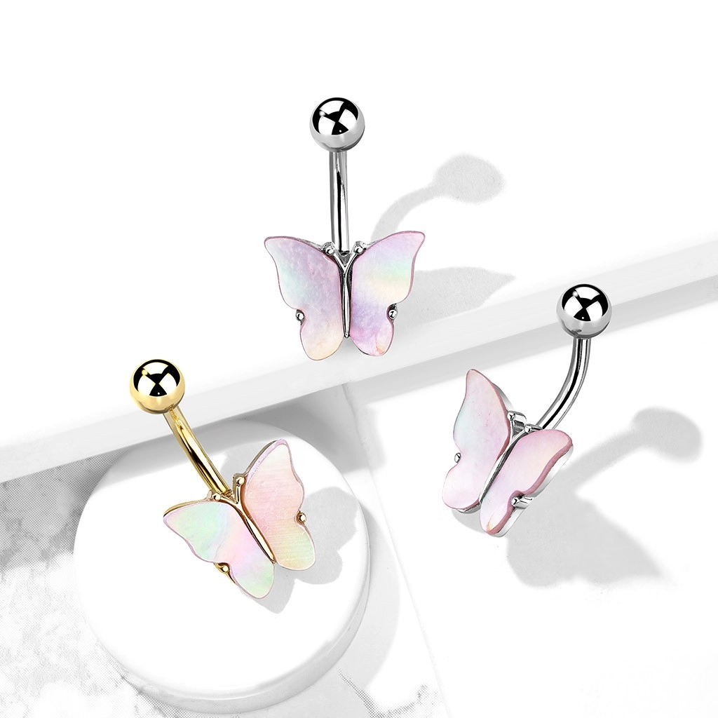 Ocelový piercing do břicha - motýl s mušlí Abalone, povrchová úprava PVD - Barva: Stříbrná