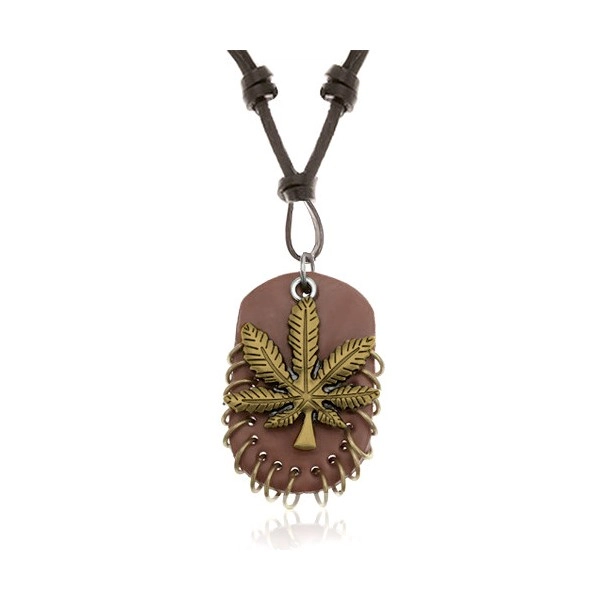 Náhrdelník z umělé kůže, přívěsky - zlatý list marihuany, ovál s kroužky