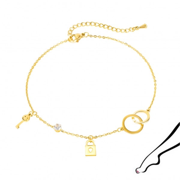 Ocelový náramek na kotník nebo ruku, zlatá barva - spojené kroužky, kladka, klíč a zirkony