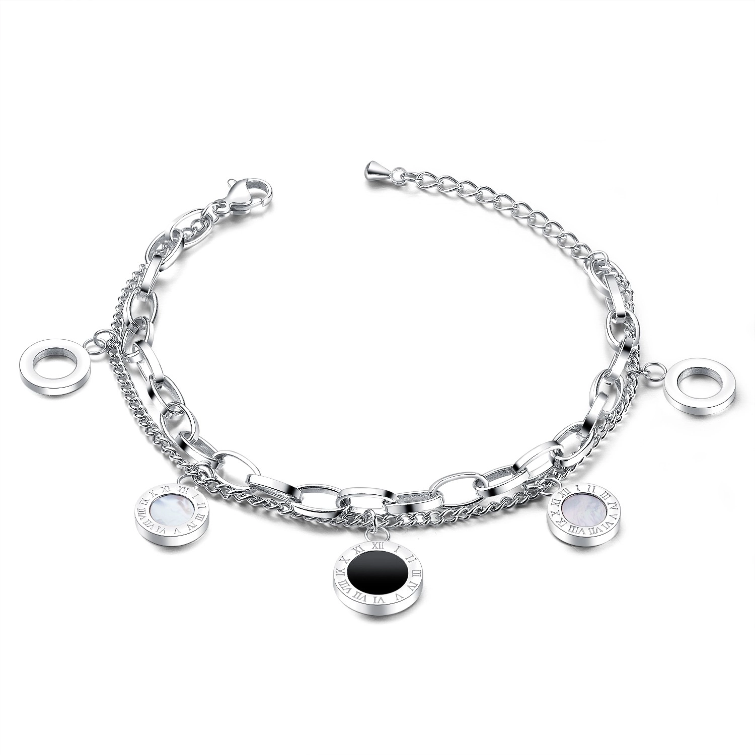 Levně Dvojitý ocelový náramek - černé a perleťové kroužky, prsteny