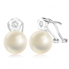 Náušnice z bílého 9K zlata - kultivovaná perla, květina se zirkony, šperkařský klips