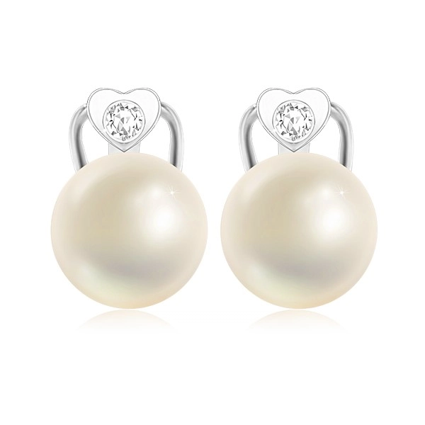 Náušnice z bílého zlata 375 - kultivovaná perla, srdce se zirkony, šperkařská klipsa