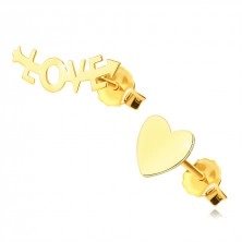 Puzetové náušnice ze žlutého zlata 585 - srdce a nápis "LOVE"