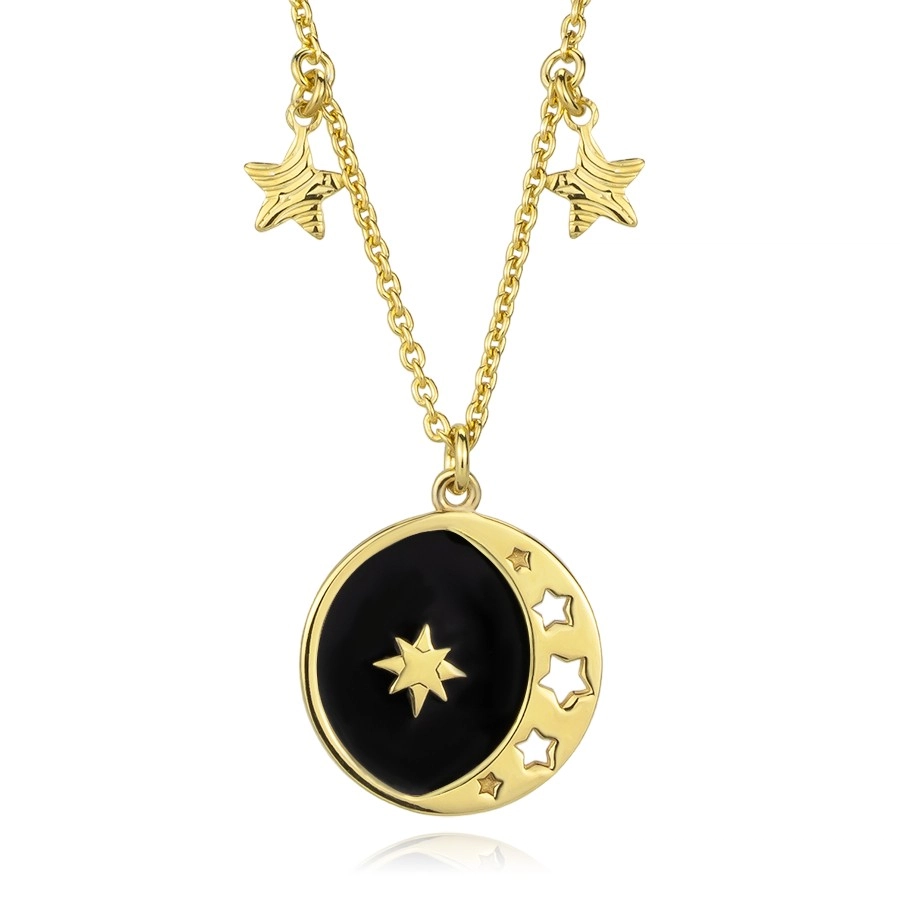 Stříbrný náhrdelník 925 - zlatá barva, kruh, černá glazura, malé hvězdičky